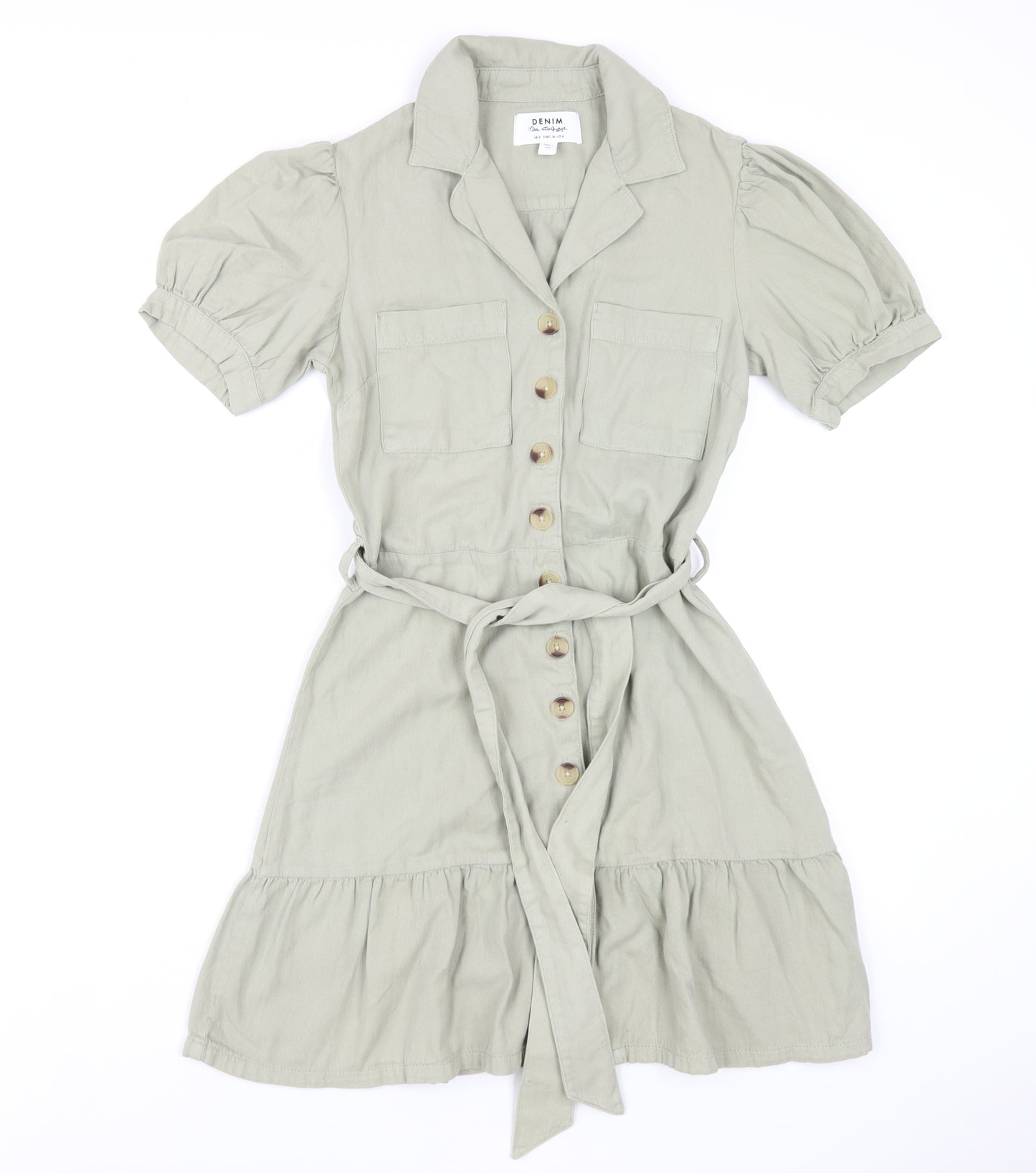 Miss Selfridge Womens Green Cotton Shirt Dress Size 8 Collared Button