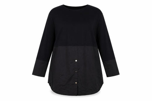 Front view of Studio women’s black cotton a-line one size round neck pullover