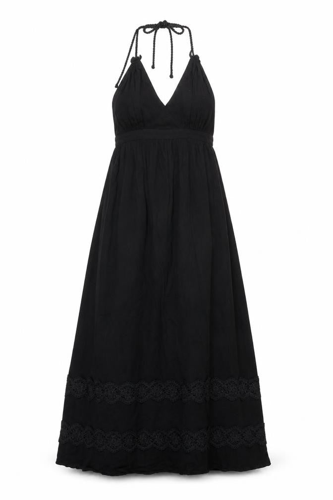 Front view of Miss Selfridge women’s black viscose a-line, size UK 12, halter tie