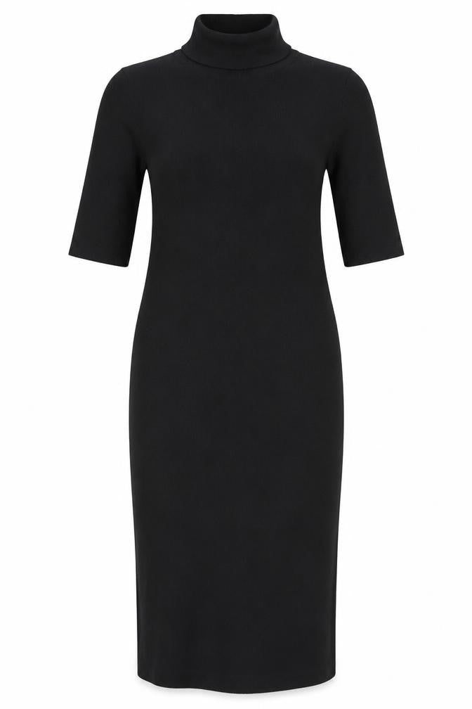Front view of Oodji women’s black polyester bodycon, size XL, roll neck pullover