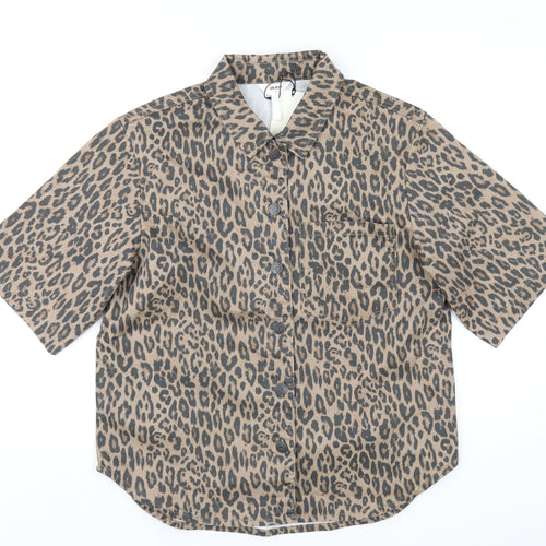 Object Womens Brown Animal Print Cotton Basic Button-Up Size S Collared - Leopard Print
