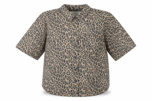 Front view of Object women’s brown animal print cotton basic button-up, size S, collared - leopard print