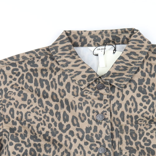 Object Womens Brown Animal Print Cotton Basic Button-Up Size S Collared - Leopard Print