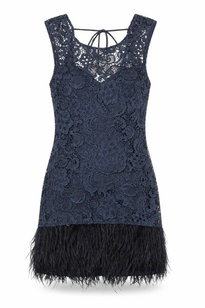 Front view of Lipsy women’s blue polyester a-line, size UK 8, scoop neck zip