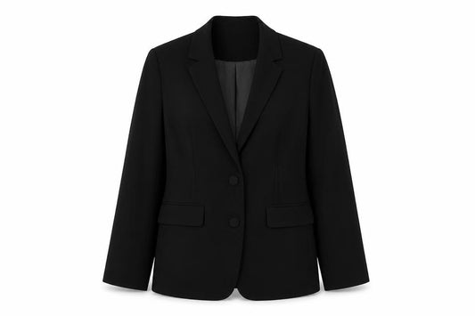 Front view of Winser London women’s black jacket, size UK 12, button