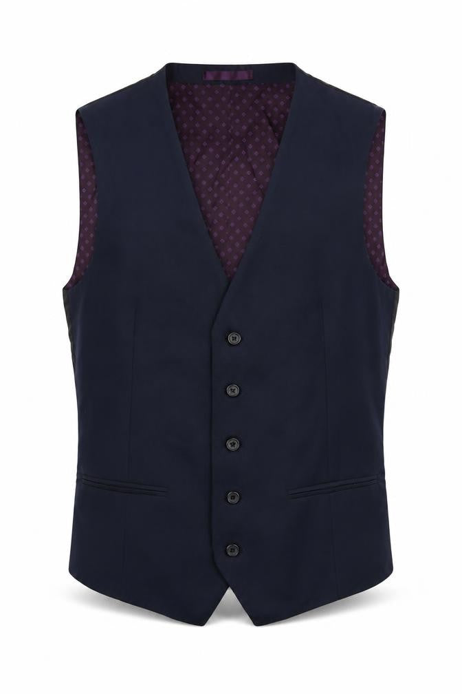 Front view of Next men’s blue wool jacket suit waistcoat, size 36, regular
