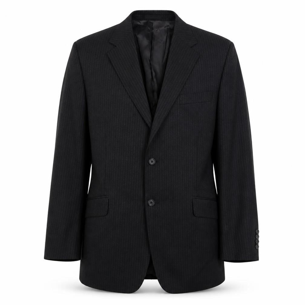 Front view of Samuel Slater men’s black striped wool jacket suit jacket, size 42, regular