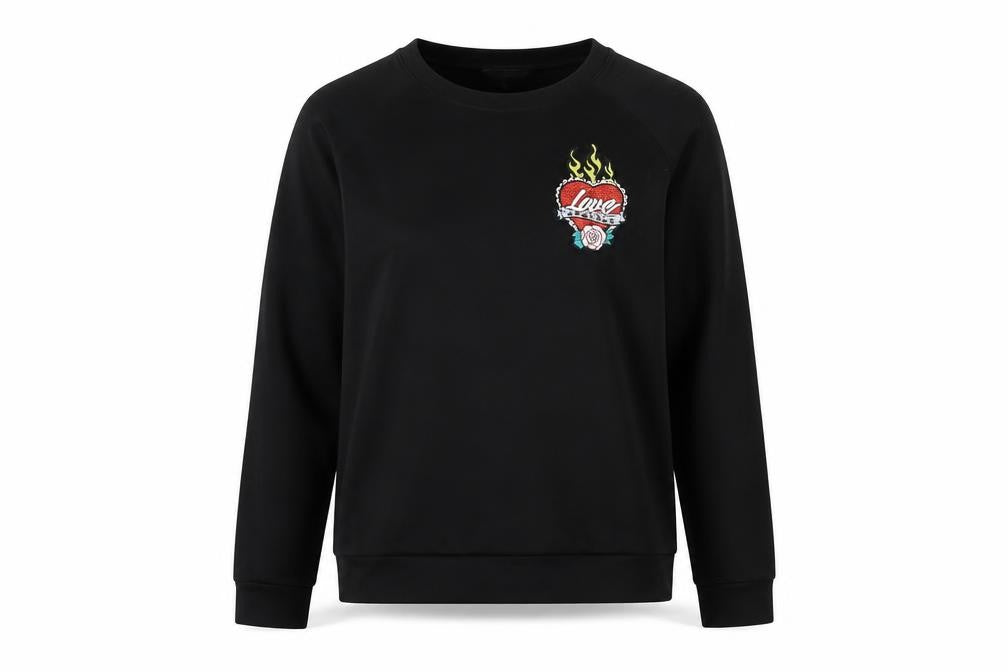 Front view of Brave Soul women’s black polyester pullover sweatshirt, size M, pullover