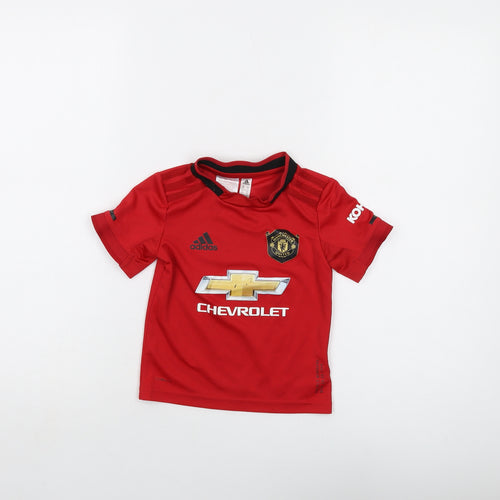 adidas Boys Red Polyester Basic T-Shirt Size 2-3 Years Crew Neck Pullover - Manchester United FC