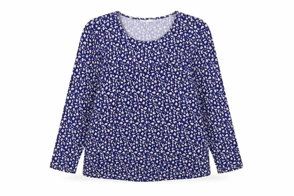 Front view of Lakeland women’s blue animal print polyester basic blouse, size XL, round neck