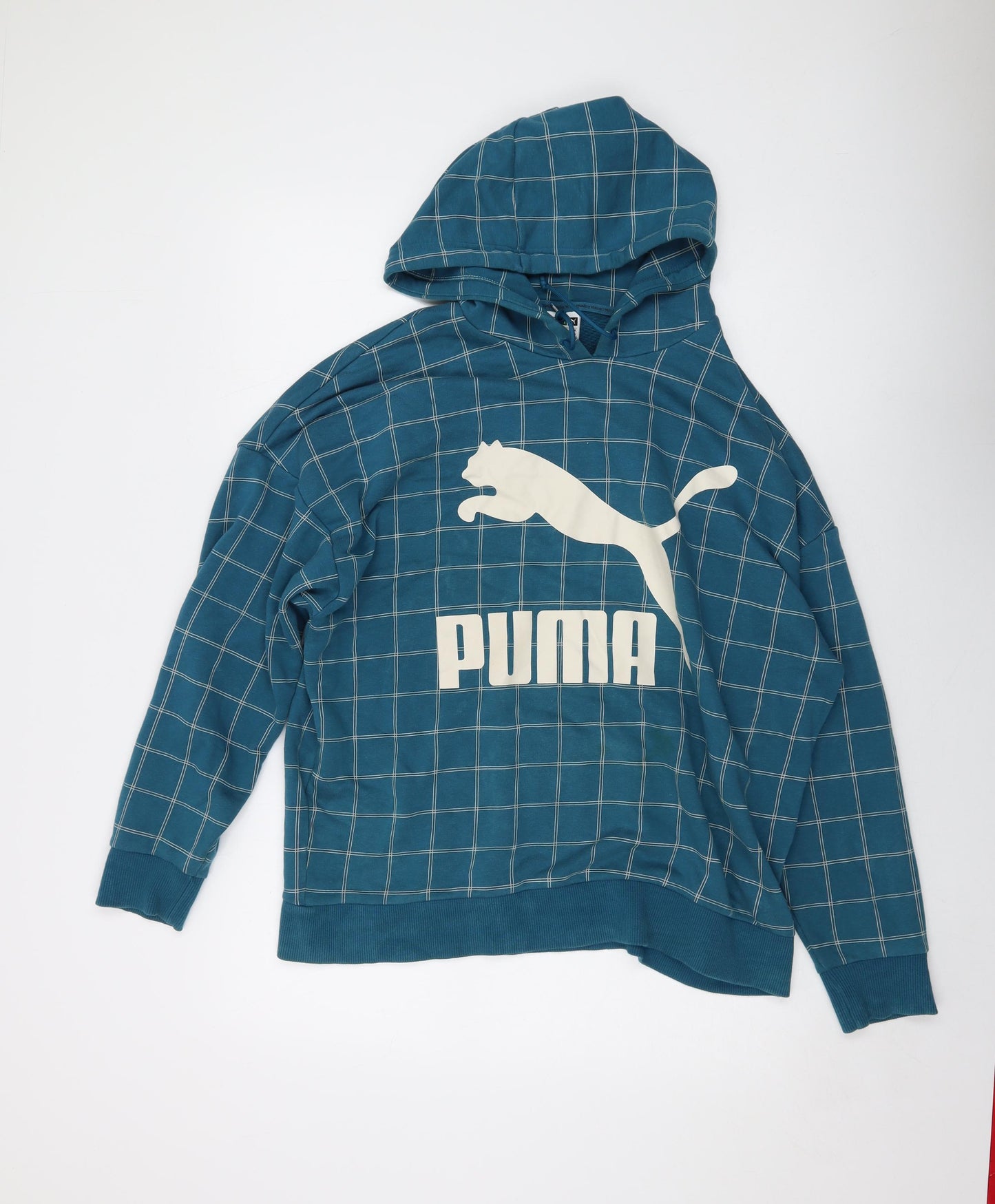 PUMA Womens Blue Geometric Cotton Pullover Hoodie Size 14 Pullover - Vintage