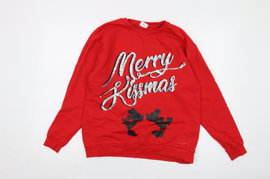 Front view of Disney women’s red cotton pullover sweatshirt, size UK 12, pullover