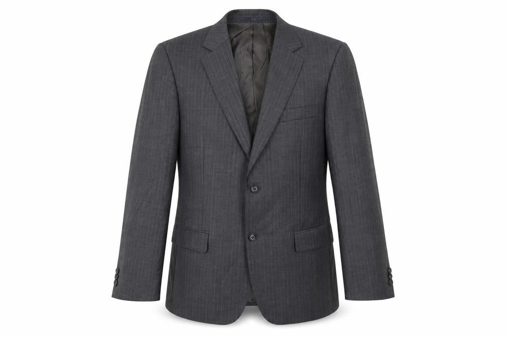 Front view of Brook Taverner men’s grey striped polyester jacket suit jacket, size 42, regular