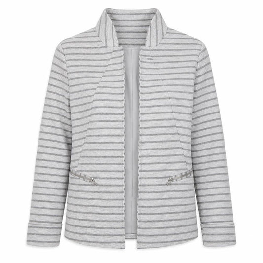 Front view of Principles women’s grey striped jacket, size UK 14, hook & eye