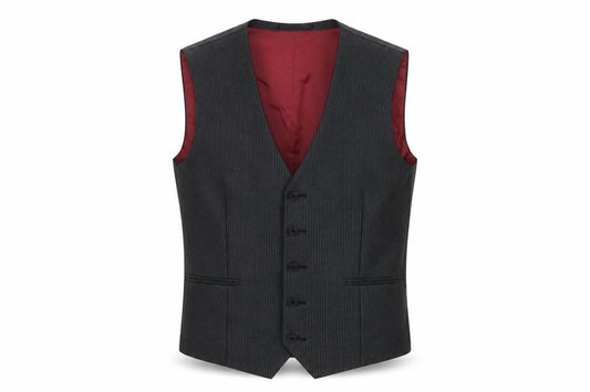 Front view of Next men’s grey striped polyester jacket suit waistcoat, size 34, regular