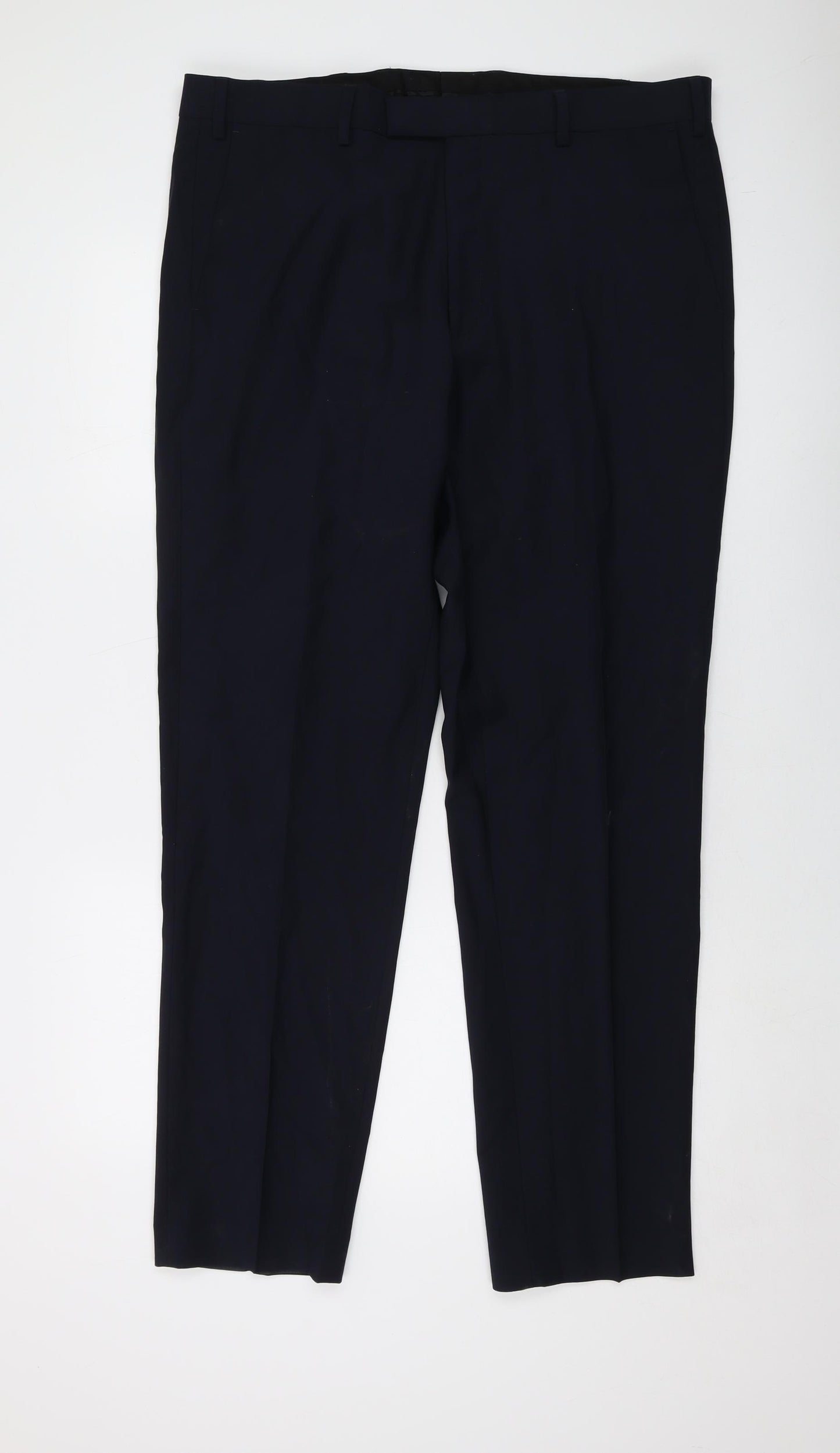 Marks and Spencer Mens Blue Wool Trousers Size 38 in L32 in Regular Hook & Eye