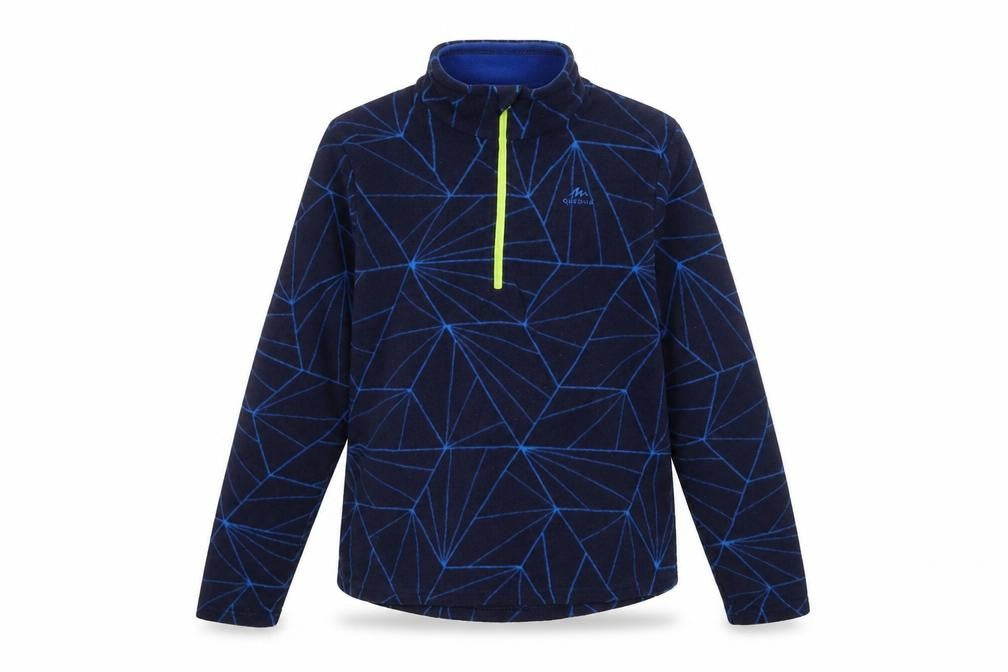 Front view of Quechua boys’ blue geometric polyester pullover sweatshirt, size 12-13, years zip