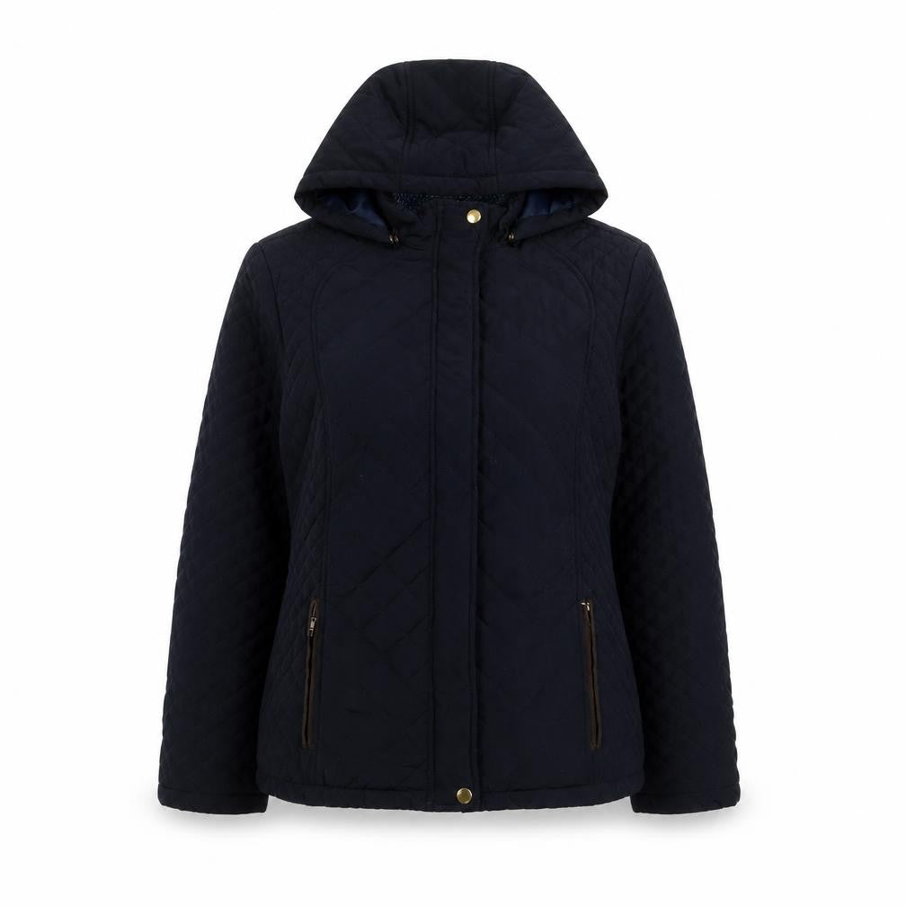 Front view of Beacon Cove women’s blue quilted jacket, size UK 12, zip