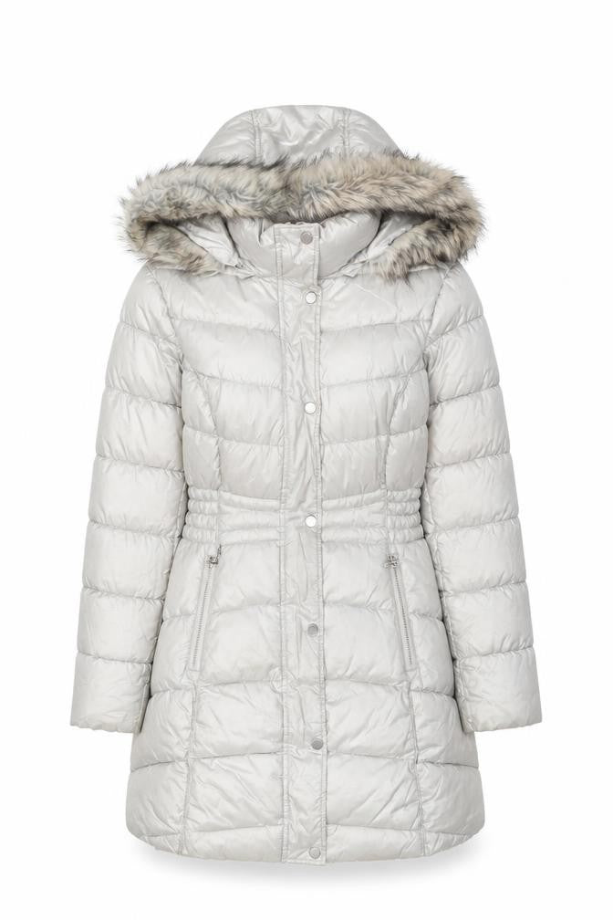 Front view of Gallery women’s grey quilted coat, size M, zip