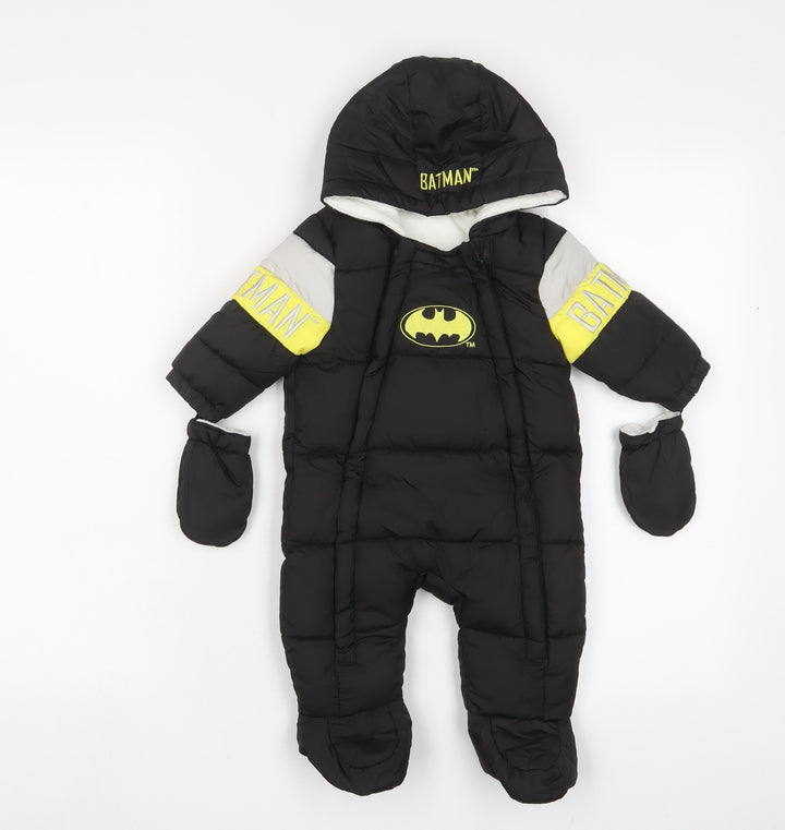 Batman Boys Black Quilted Snowsuit Size 3-6 Months Zip - Embroidered