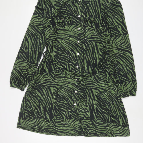 Oasis Womens Green Animal Print Polyester A-Line Size S Collared Button - Belted