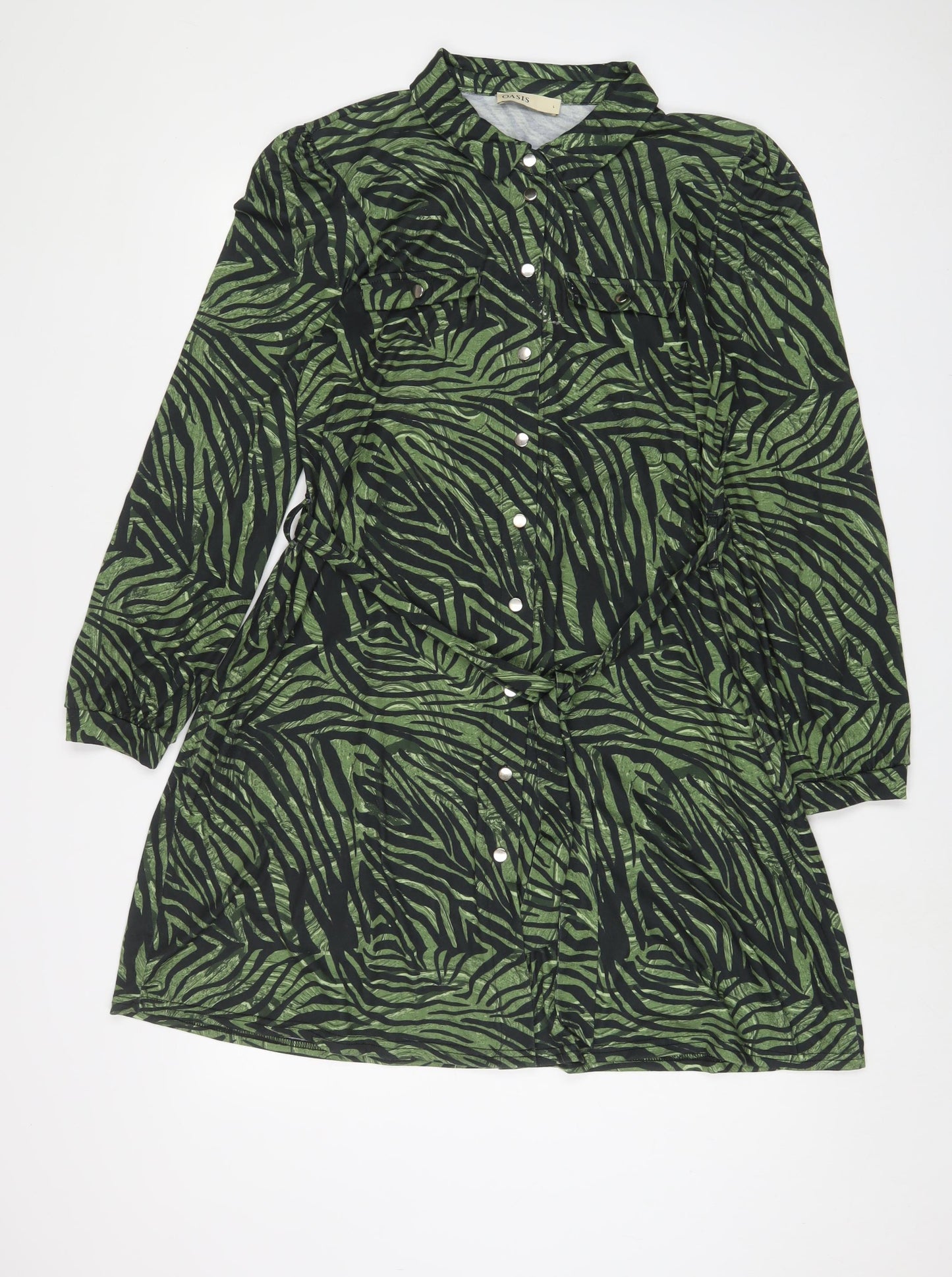 Oasis Womens Green Animal Print Polyester A-Line Size S Collared Button - Belted