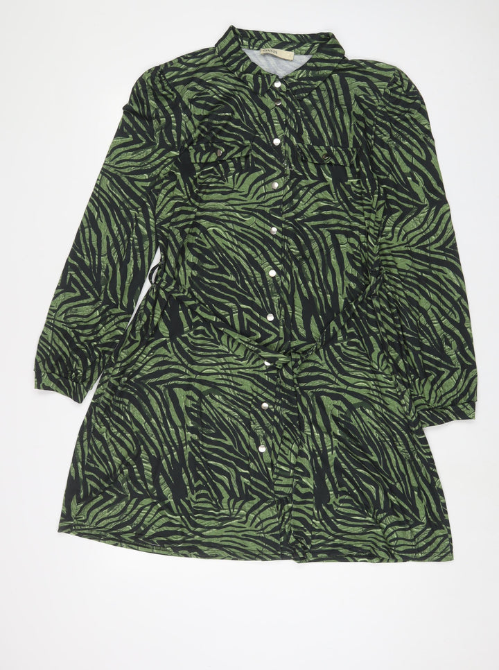 Oasis Womens Green Animal Print Polyester A-Line Size S Collared Button - Belted