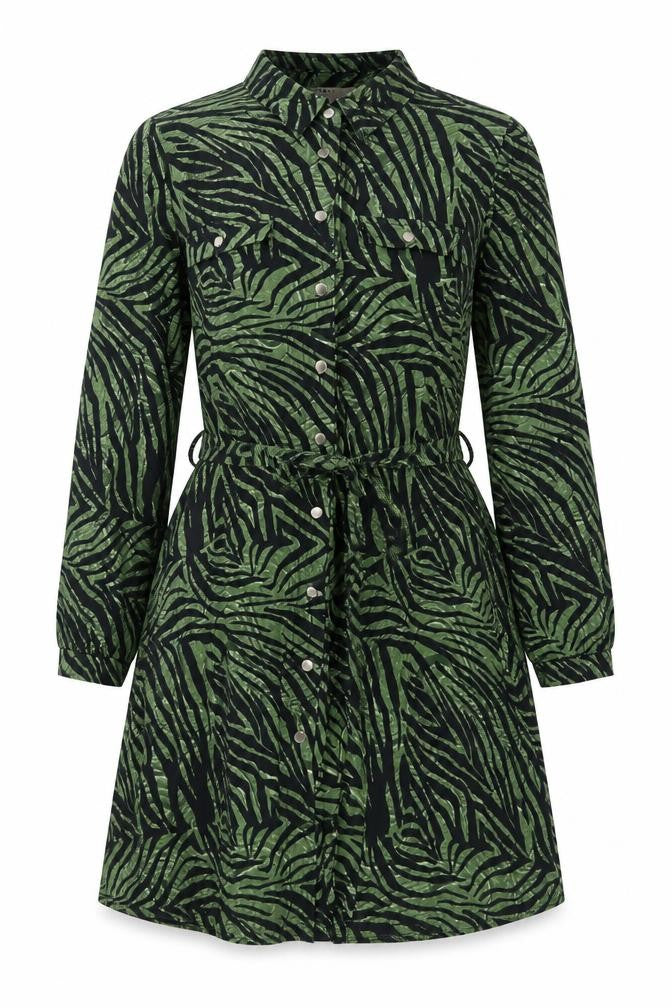 Front view of Oasis women’s green animal print polyester a-line, size S, collared button - belted