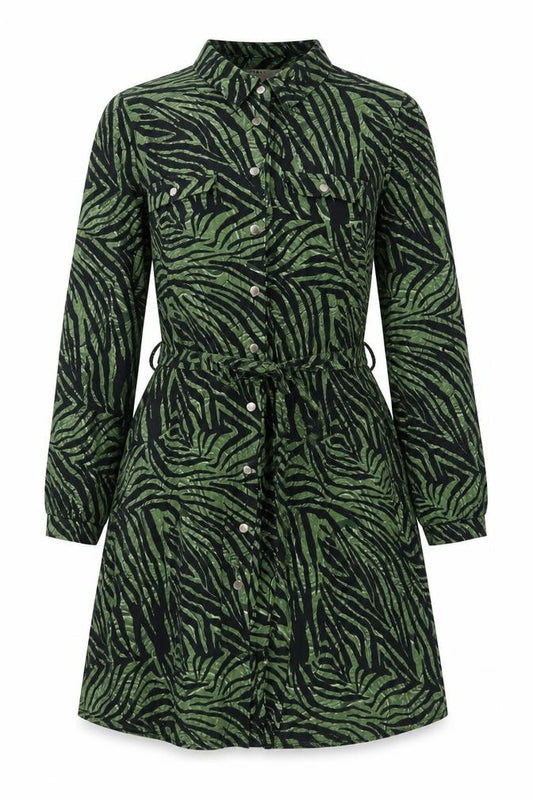 Front view of Oasis women’s green animal print polyester a-line, size S, collared button - belted