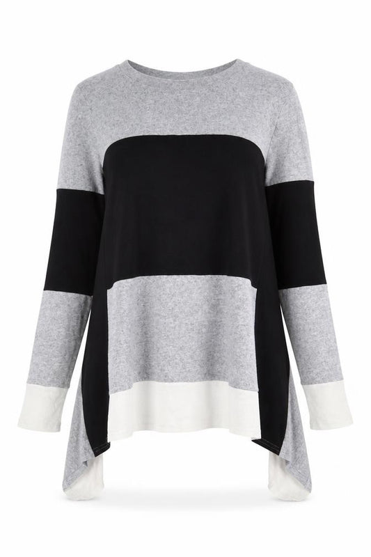 Front view of LTS women’s grey striped polyester a-line, size UK 10, crew neck pullover