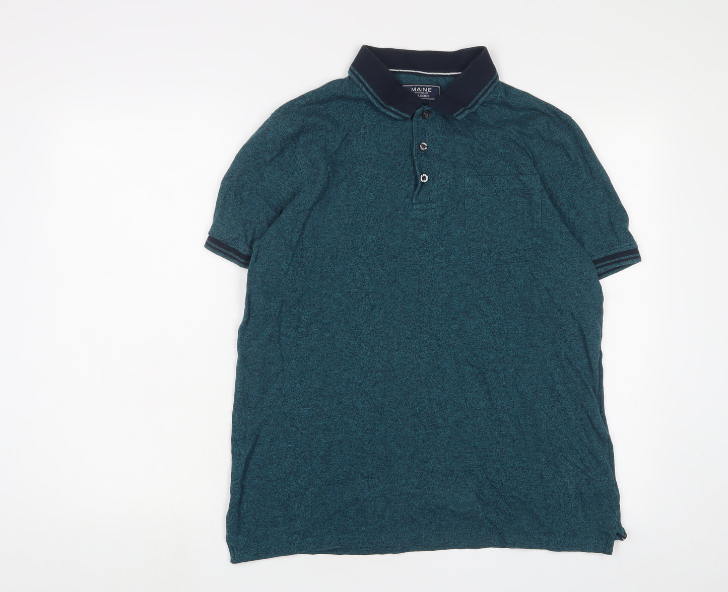 Maine Mens Blue Cotton Polo Size M Collared Button