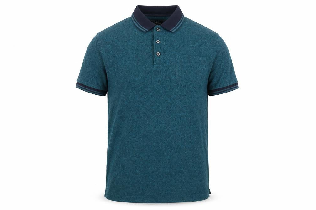 Front view of Maine New England men’s blue cotton polo, size M, collared button