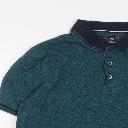 Maine Mens Blue Cotton Polo Size M Collared Button