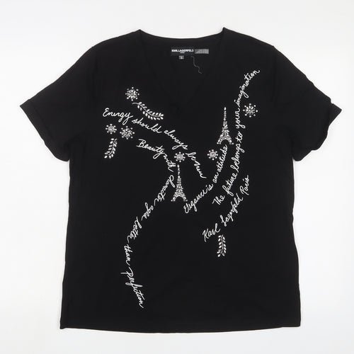 Karl Lagerfeld Womens Black Cotton Basic T-Shirt Size M V-Neck