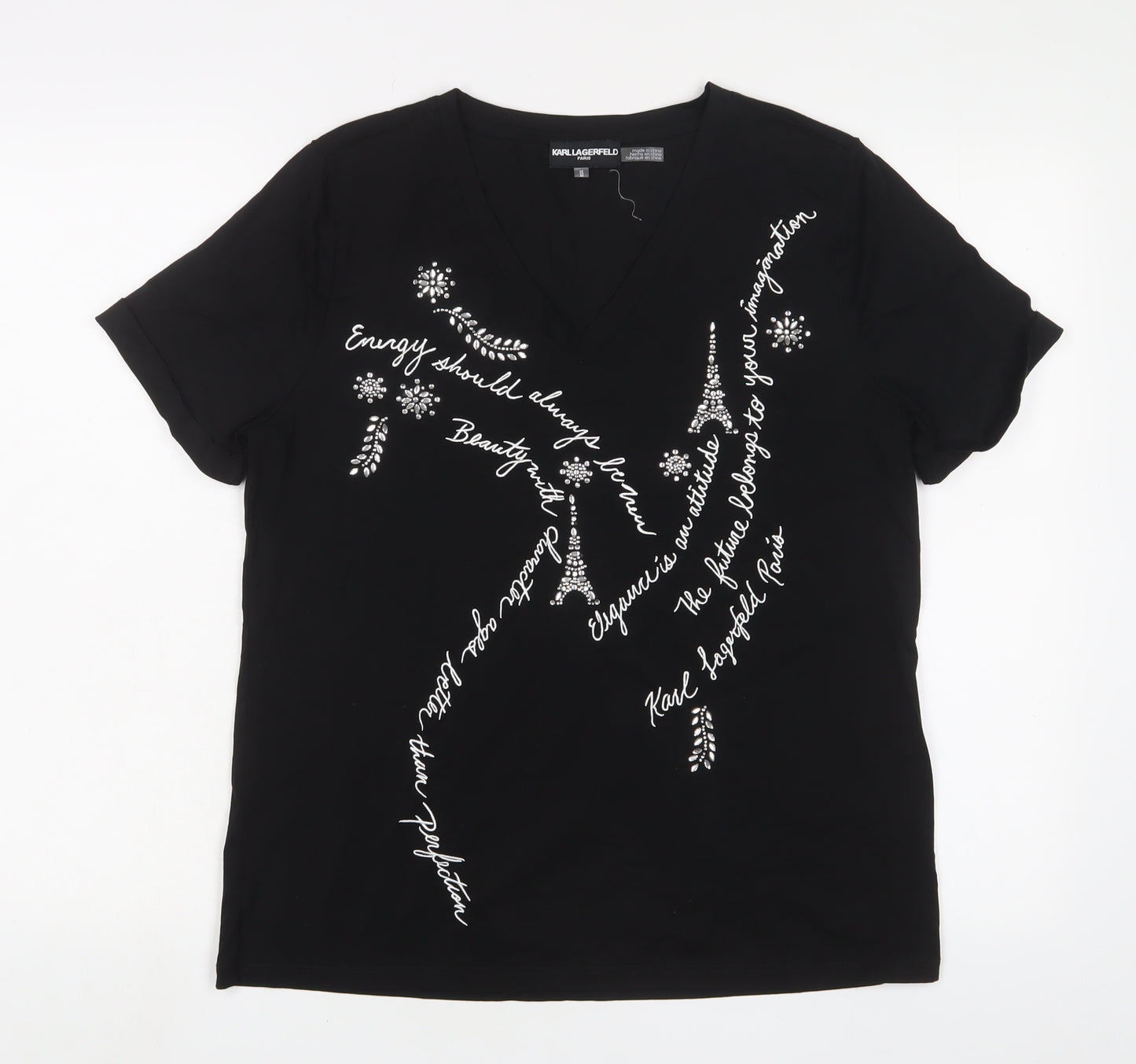 Karl Lagerfeld Womens Black Cotton Basic T-Shirt Size M V-Neck