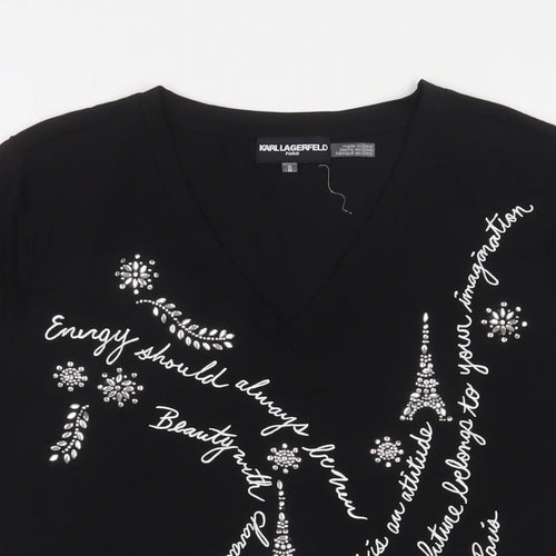 Karl Lagerfeld Womens Black Cotton Basic T-Shirt Size M V-Neck