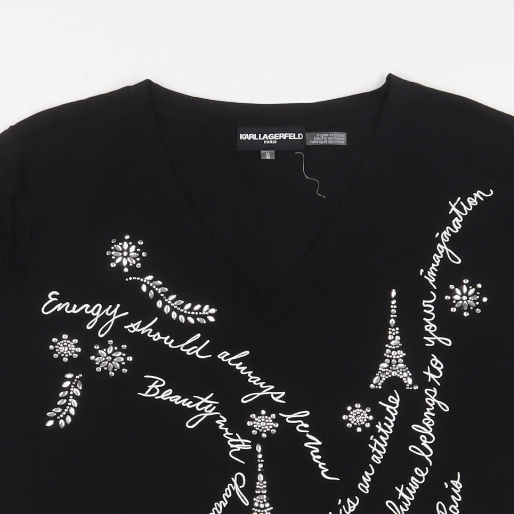 Karl Lagerfeld Womens Black Cotton Basic T-Shirt Size M V-Neck