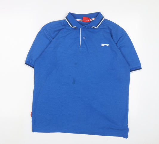 Slazenger Mens Blue Cotton Polo Size L Collared Button - Logo, Embroidered