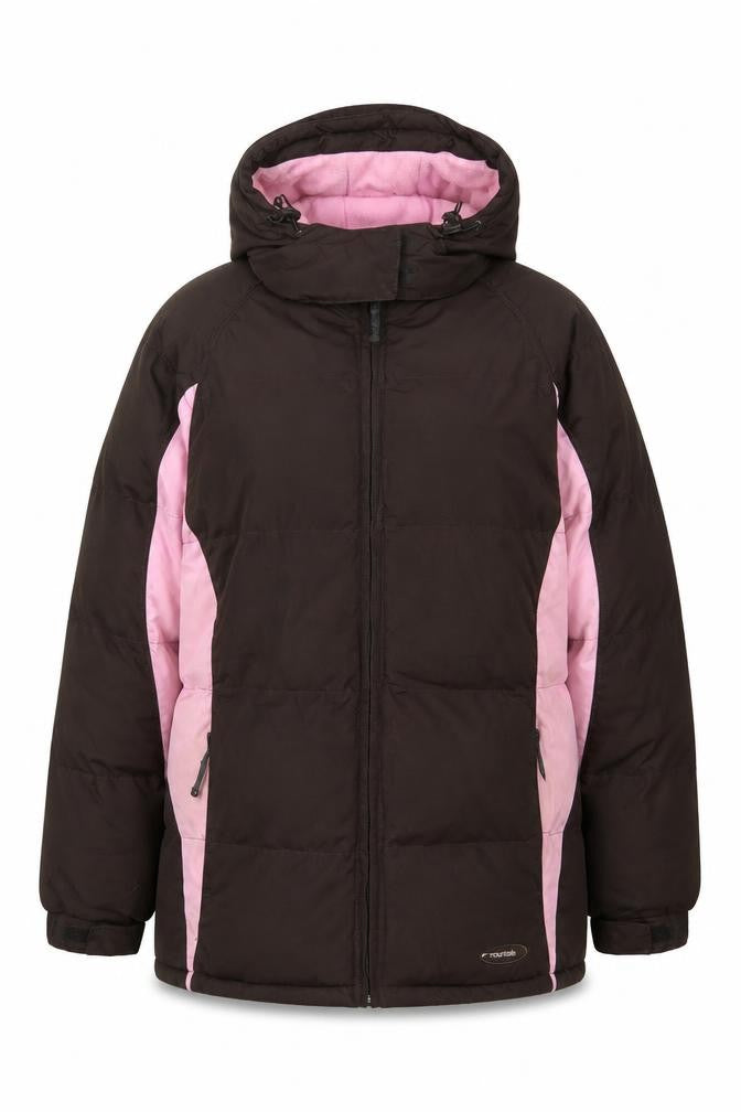 Front view of Mountain Life women’s brown quilted coat, size UK 18, zip - logo, embroidered