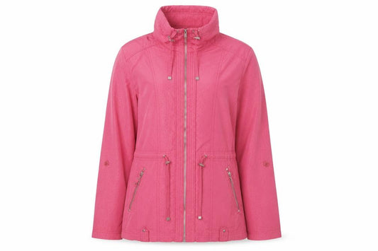Front view of EWM women’s pink animal print jacket, size UK 12, zip