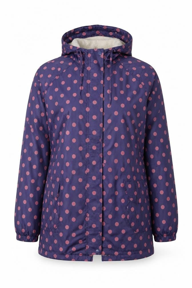 Front view of Cotton Traders women’s purple polka dot jacket, size UK 12, zip