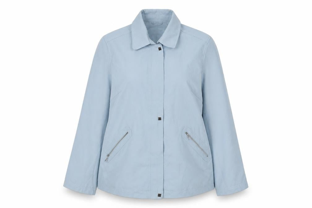 Front view of Katherine Hamnett women’s blue jacket, size UK 18, zip