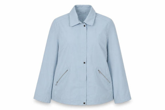 Front view of Katherine Hamnett women’s blue jacket, size UK 18, zip