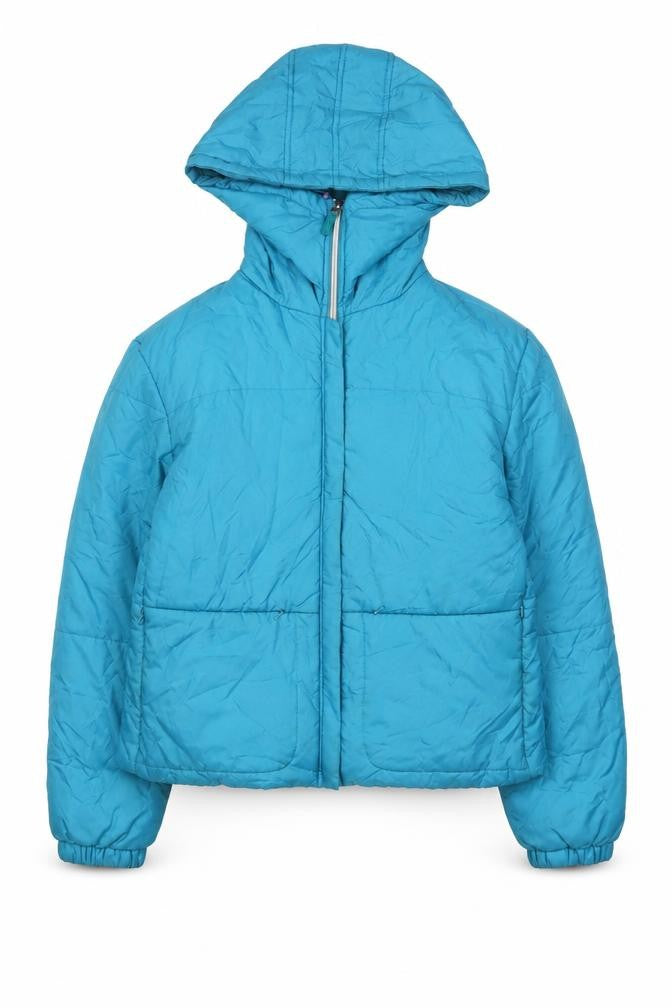 Front view of Mexx women’s blue quilted coat, size UK 14, zip
