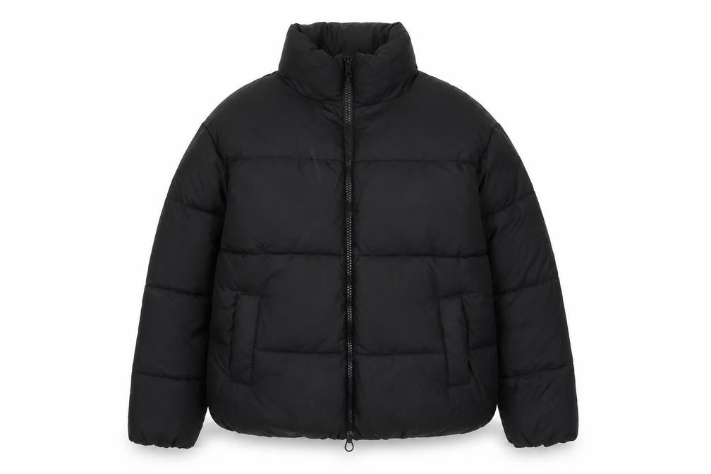 Front view of Topshop women’s black quilted coat, size UK 12, zip
