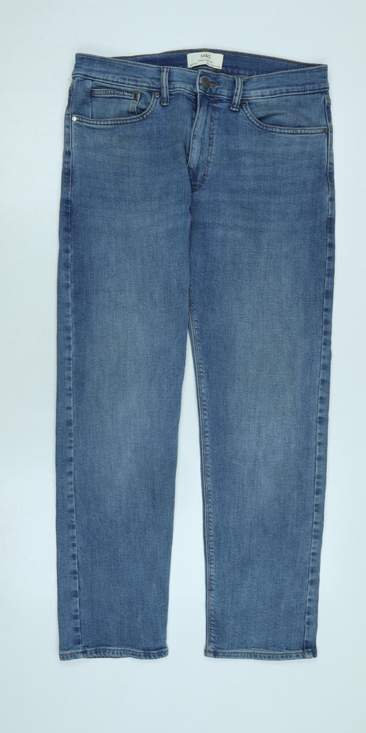 Marks and Spencer Mens Blue Cotton Straight Jeans Size 32 in L31 in Regular Zip