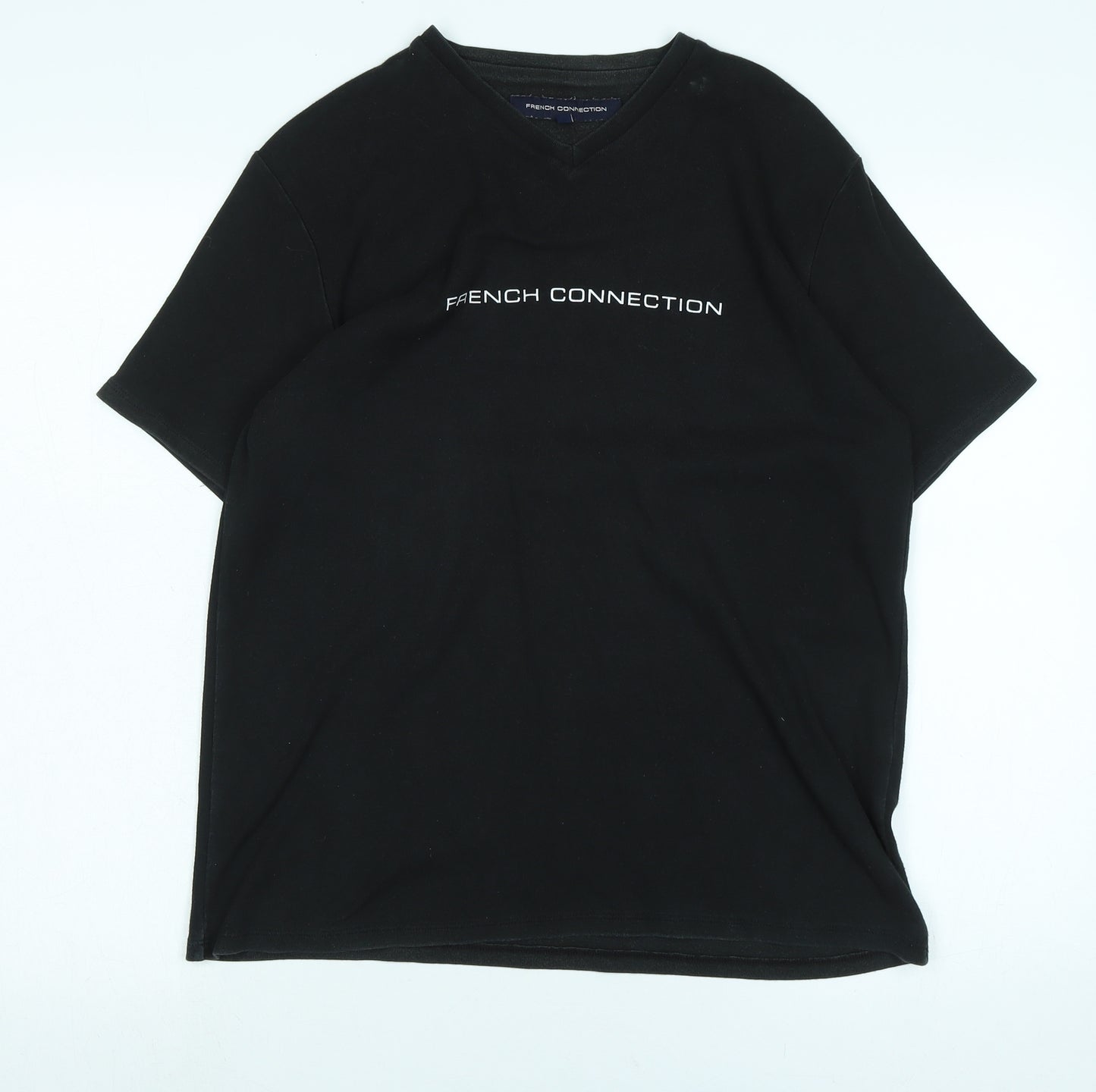 French Connection Mens Black Cotton T-Shirt Size M V-Neck