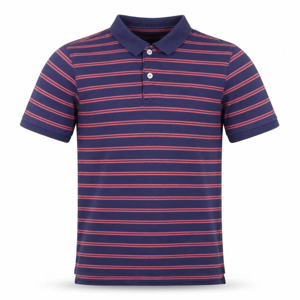 Front view of Crewe clothing Co men’s blue cotton blend polo, size S, collared button