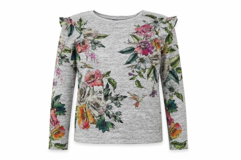 Front view of Oasis women’s grey floral polyester jersey blouse, size S, scoop neck