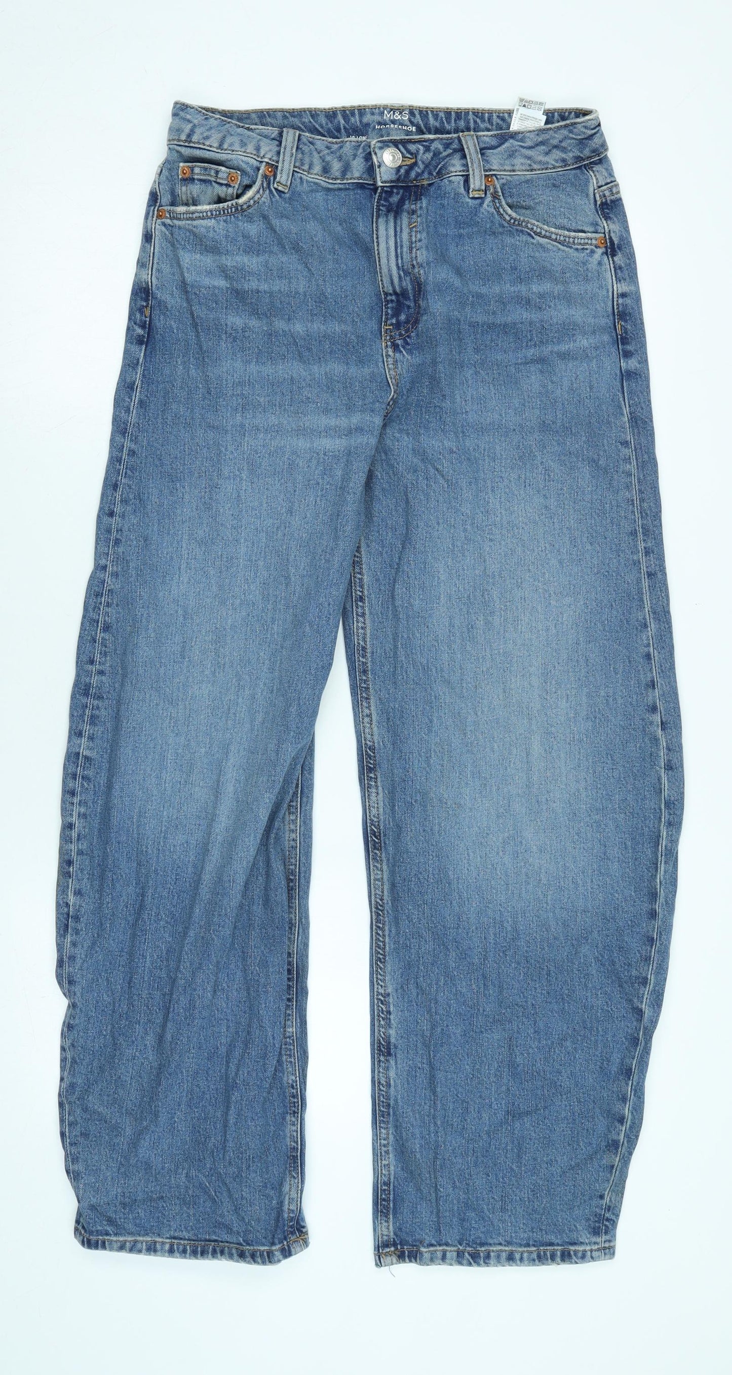 Marks and Spencer Womens Blue Cotton Wide-Leg Jeans Size 10 L29 in Regular Zip